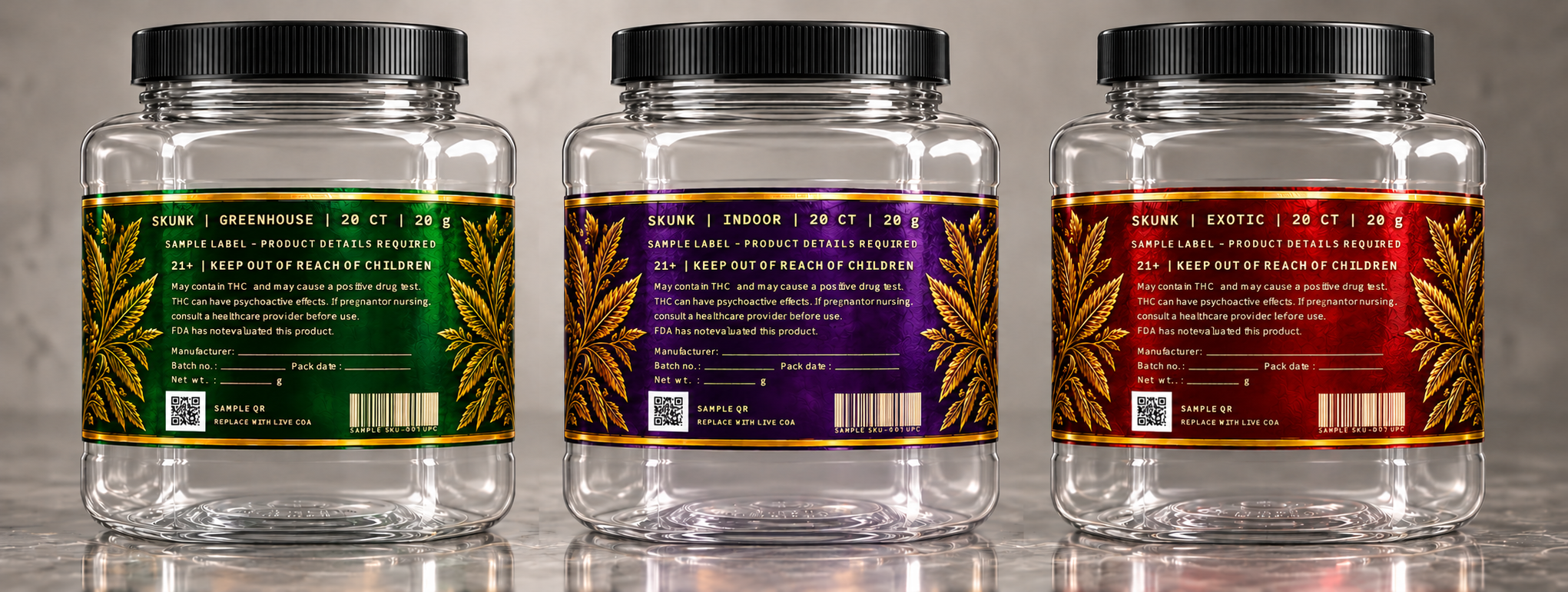 Back-view concept of three SKUNK 20-count jars with warning and sample QR and barcode placement
