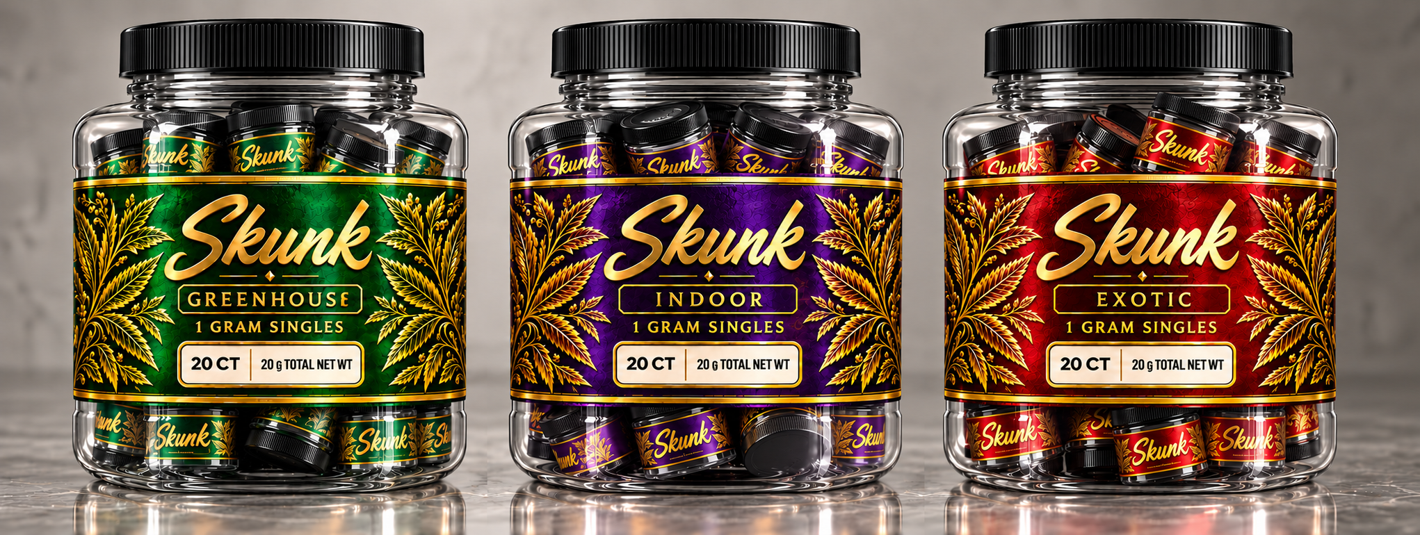 Three SKUNK large display jars, each containing individual 1 gram pop-top jars, in green, purple and red